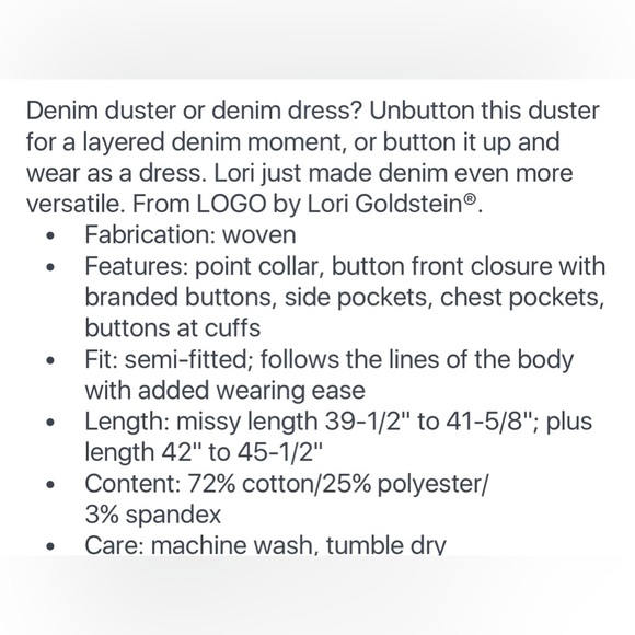 LOGO Lori Goldstein Denim Duster - Picture 3 of 3